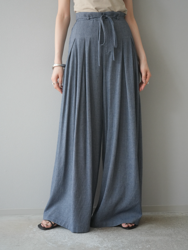 【預購】仿亞麻雙褶設計寬褲/藏青色