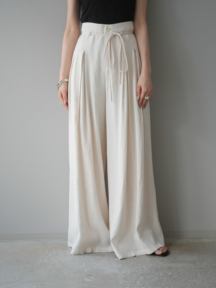 【預購】仿亞麻雙褶設計寬褲/象牙白