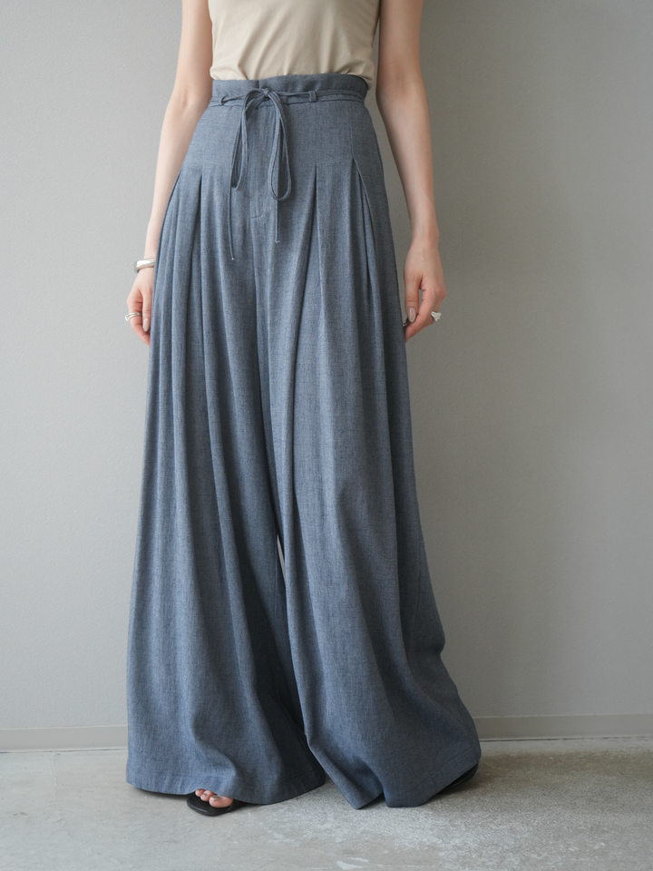 【預購】仿亞麻雙褶設計寬褲/藏青色