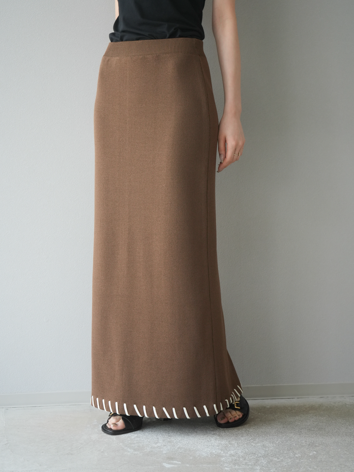 [予約]リネンタッチハンドステッチニットタイトスカート/モカ