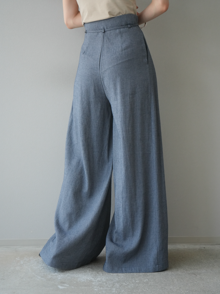 【預購】仿亞麻雙褶設計寬褲/藏青色