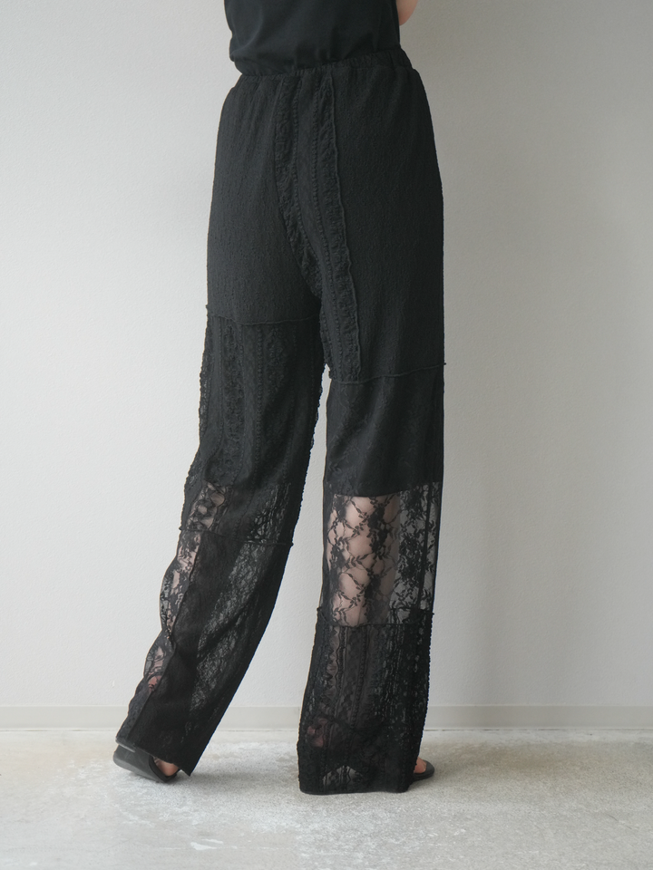 【預購】拼布蕾絲寬褲/黑