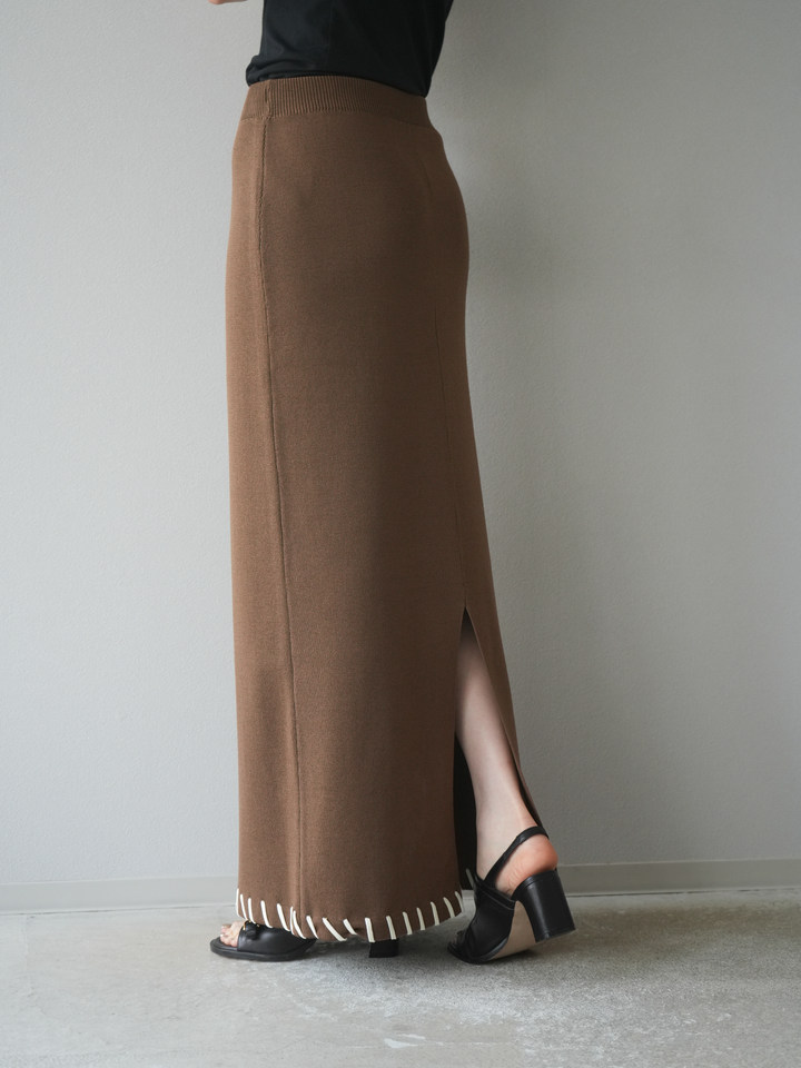 [予約]リネンタッチハンドステッチニットタイトスカート/モカ