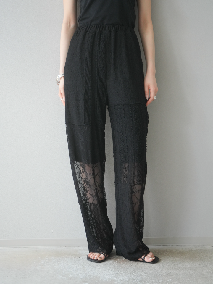 【預購】拼布蕾絲寬褲/黑