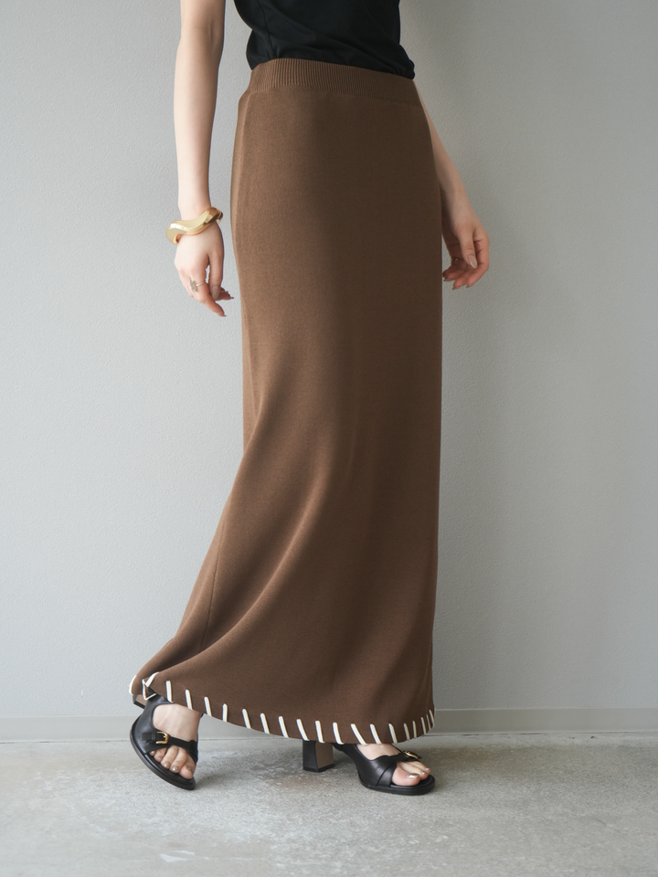 [予約]リネンタッチハンドステッチニットタイトスカート/モカ