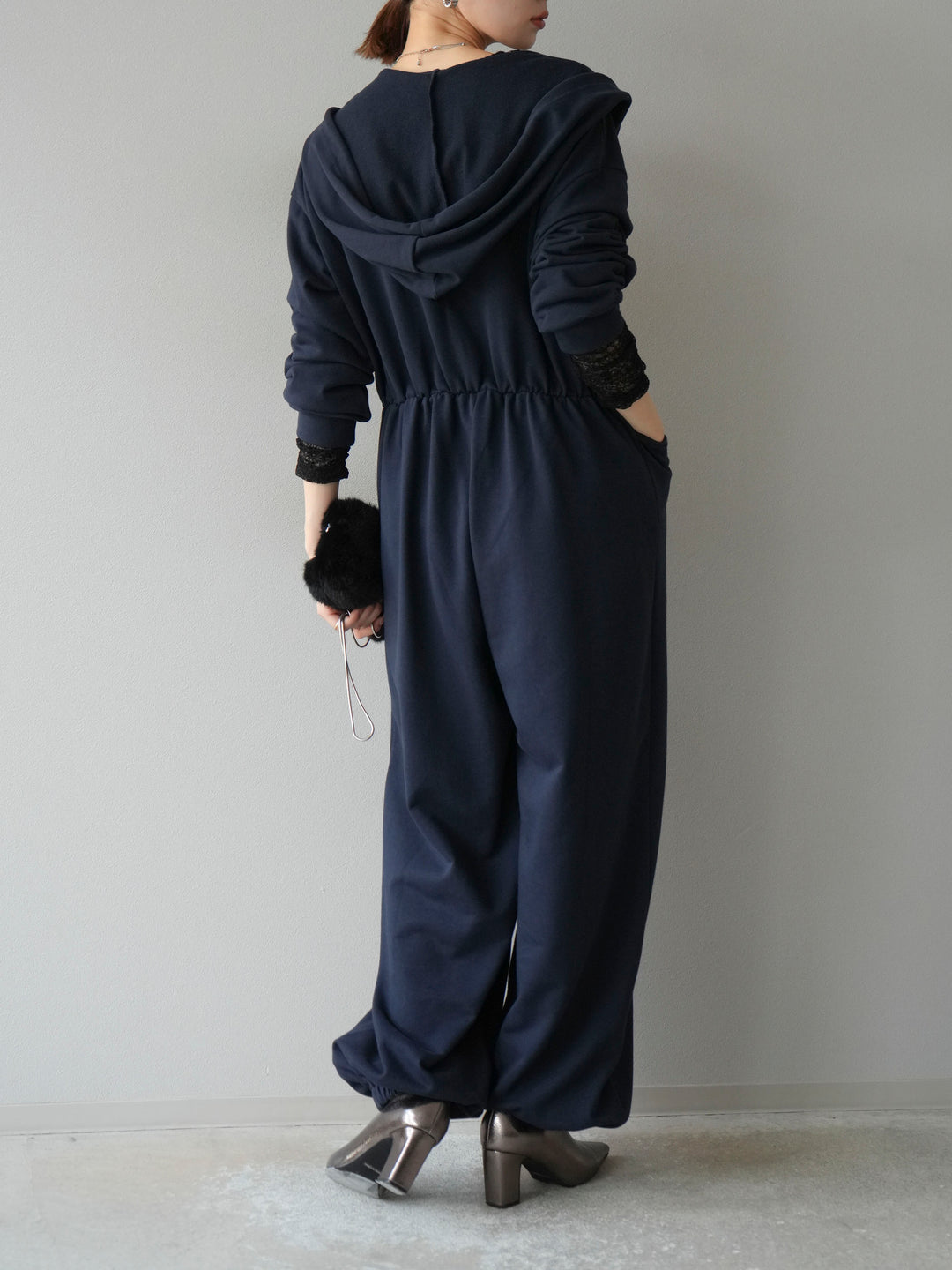 [予約]ミニ裏毛フーディージャンプスーツ/ダークネイビー