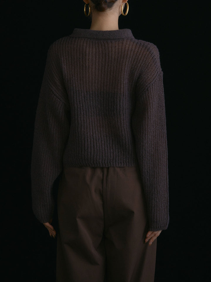 [予約]起毛片畦編みシアーポロニット/ブラウン