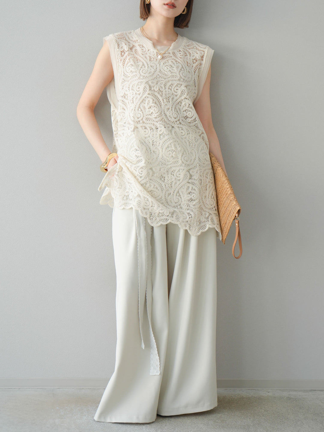 【預購】蕾絲腰帶設計寬褲/象牙白