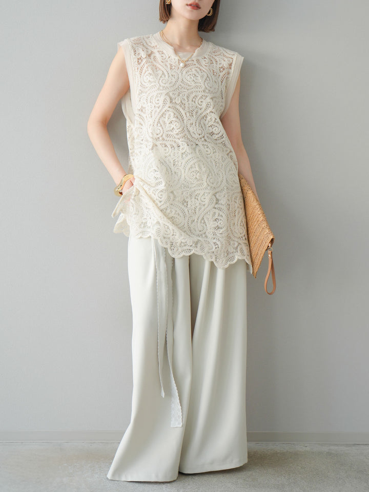 【預購】蕾絲腰帶設計寬褲/象牙白