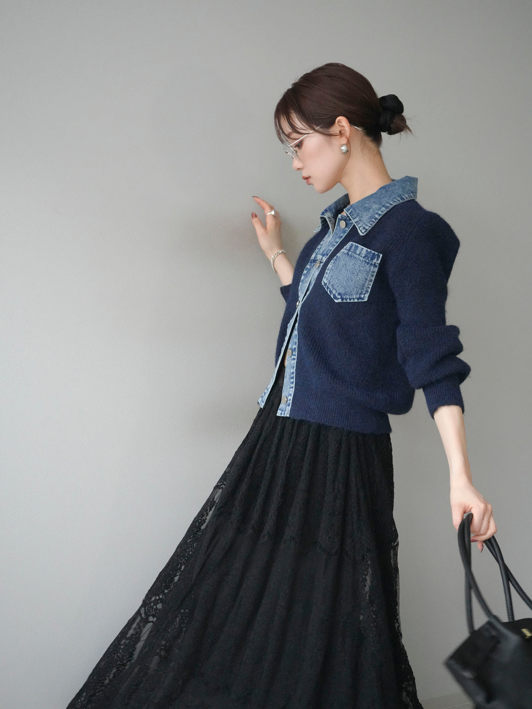 [予約]デニム襟ポケットニットカーディガン/navy