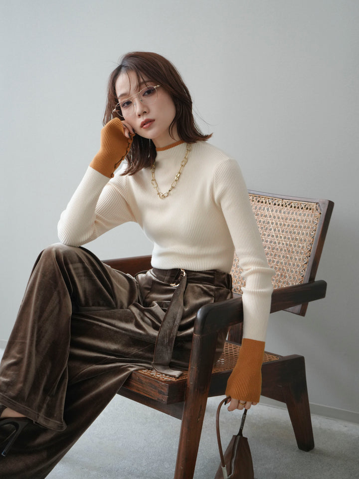 [SET]袖ボタンハイネック配色リブニットトップス+ベロアベルトスリムパンツ(2set)