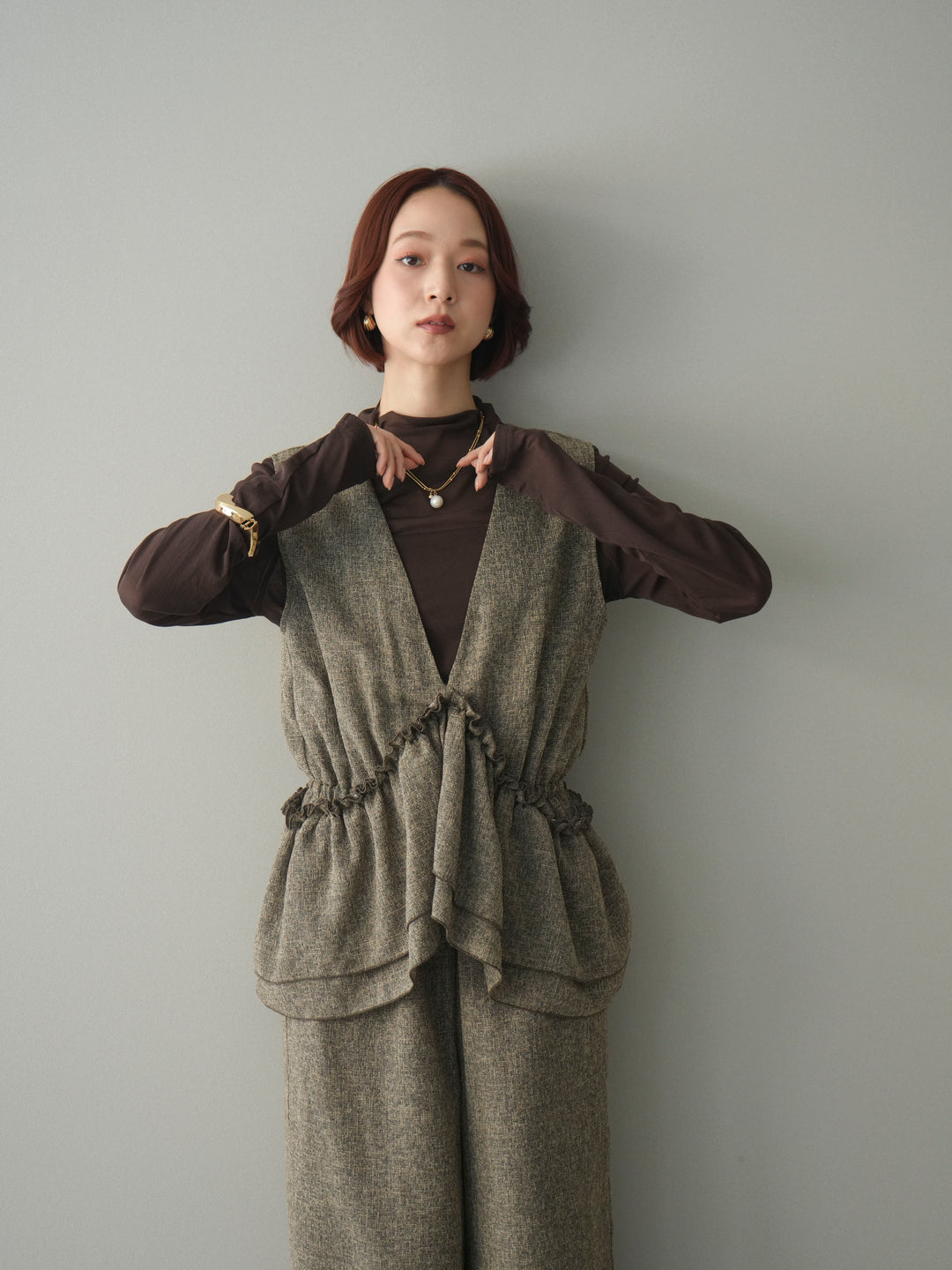 [SET]3WAYミックスツイードギャザーオールインワン+シアープチネックストレッチトップス(2set)