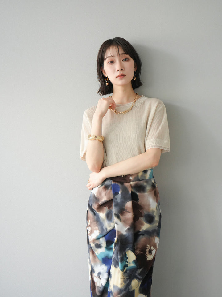 [SET]リネンタッチ配色二重臼ハーフニットトップス+選べるアソート柄スカートセット(2set)