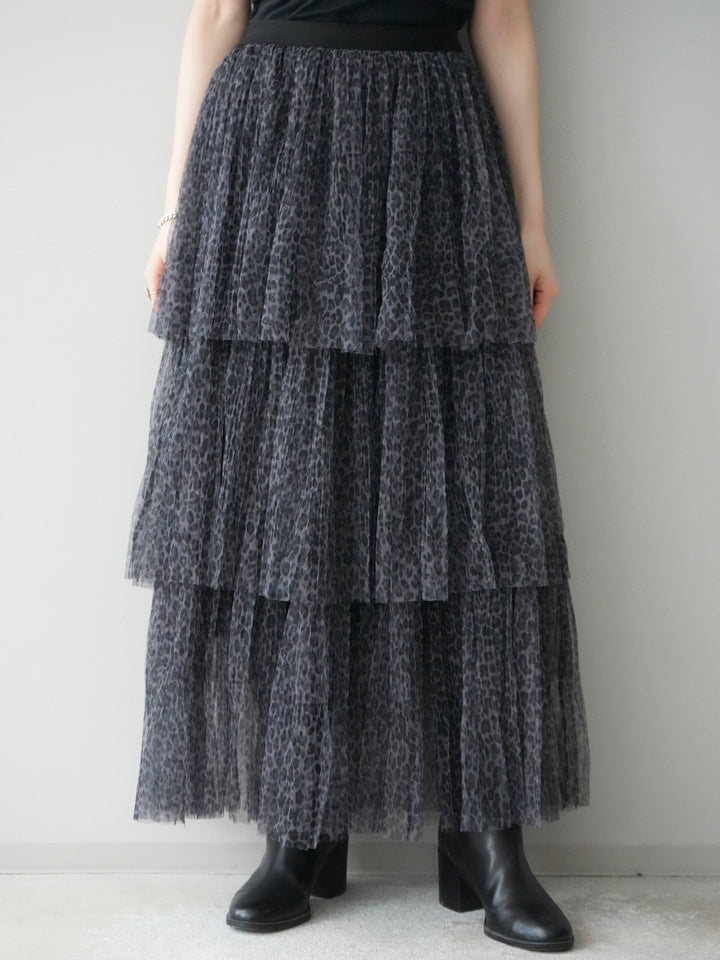 [予約]レオパード柄チュールフリルスカート/gray