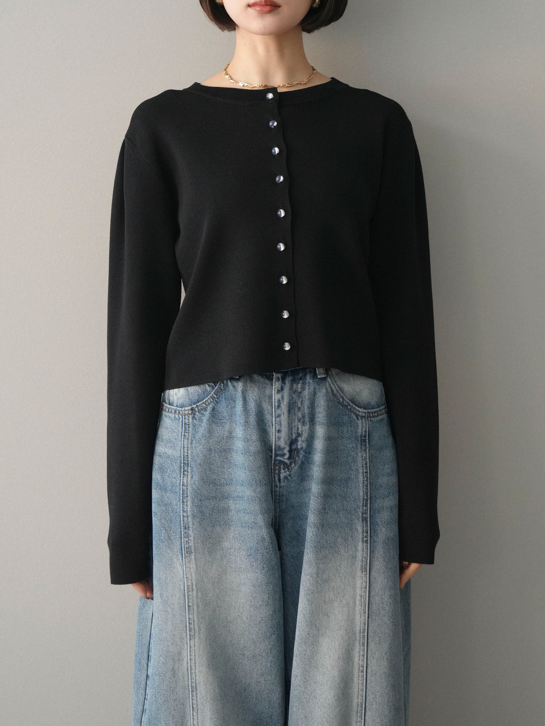 [予約]クリアボタンタックニットカーディガン/black