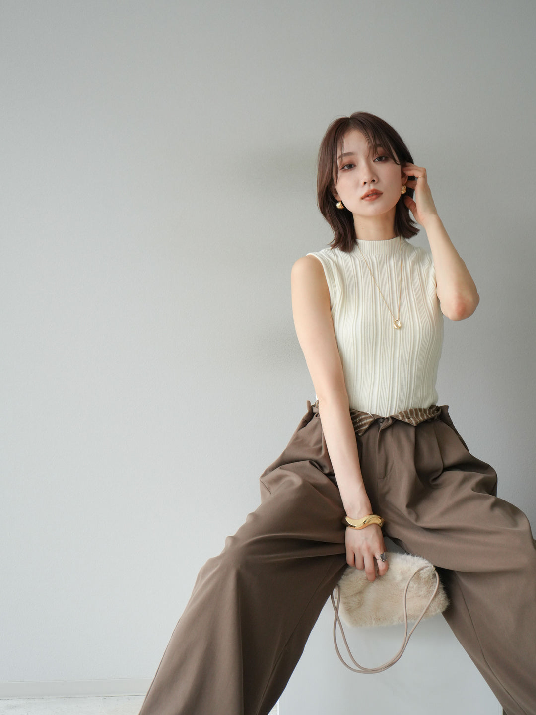 [予約]スリーブレスランダムリブニットトップス/アイボリー