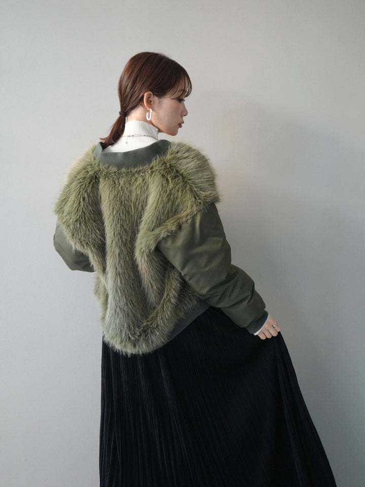 [SET]ファードッキングMA-1+袖ボタンボトルネックリブニットトップス+裾レーススウェードプリーツマキシスカート(3set)