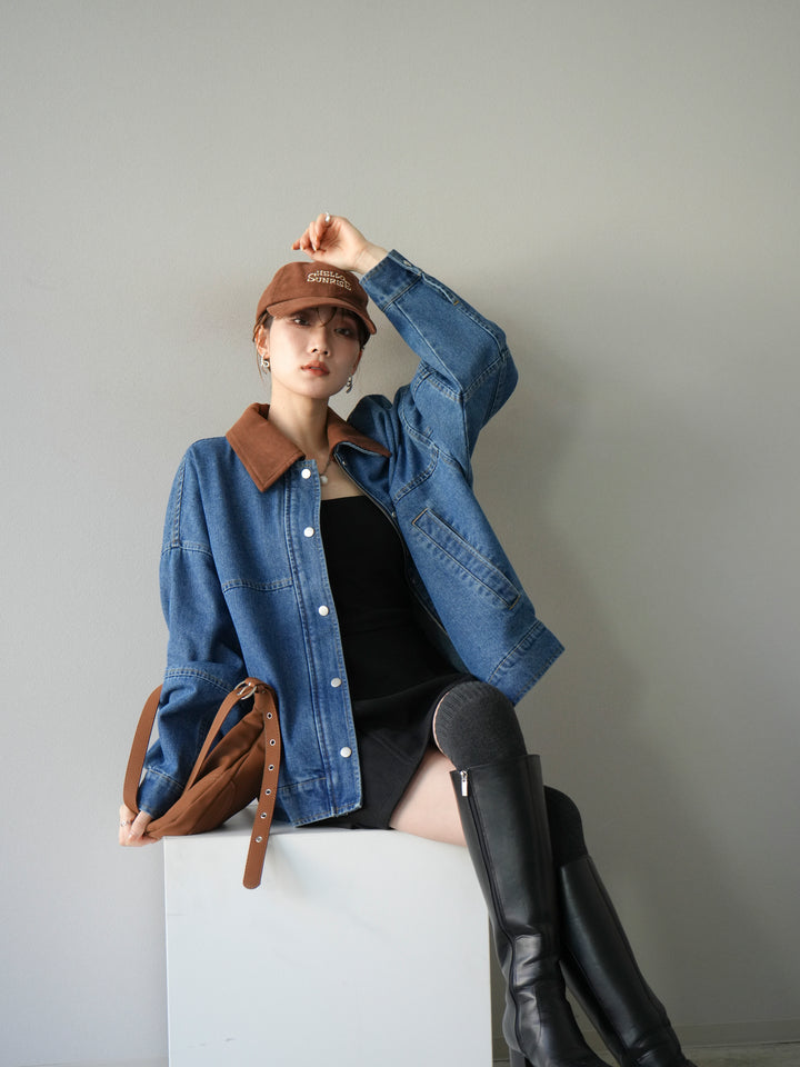 [予約]スウェード襟切替デニムブルゾン/ブルー