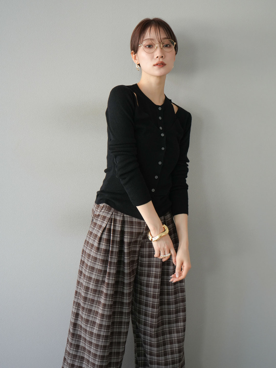 [予約]レイヤードデザインニットカーディガン/ブラック