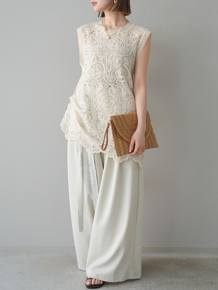 【預購】蕾絲腰帶設計寬褲/象牙白