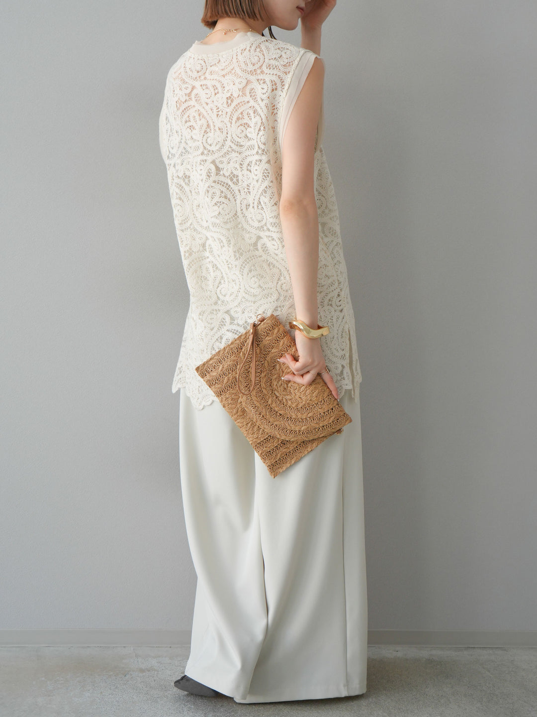 【預購】蕾絲腰帶設計寬褲/象牙白