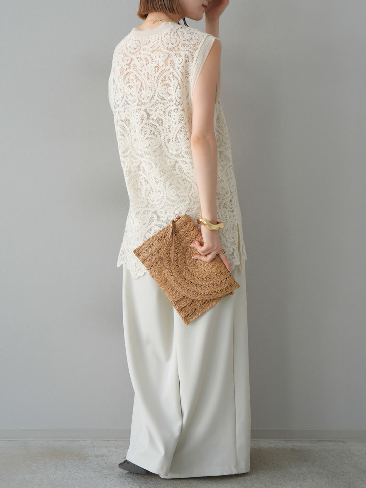 【預購】蕾絲腰帶設計寬褲/象牙白