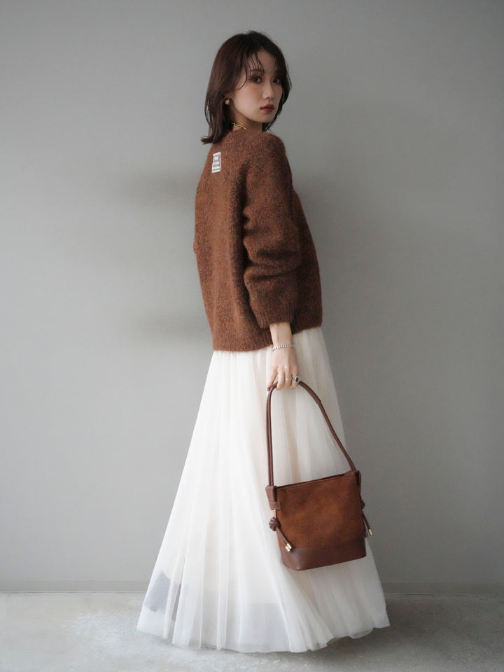 [SET]ロゴラベルミックスヤーンニットプルオーバー+チュールボリュームスカート(2set)