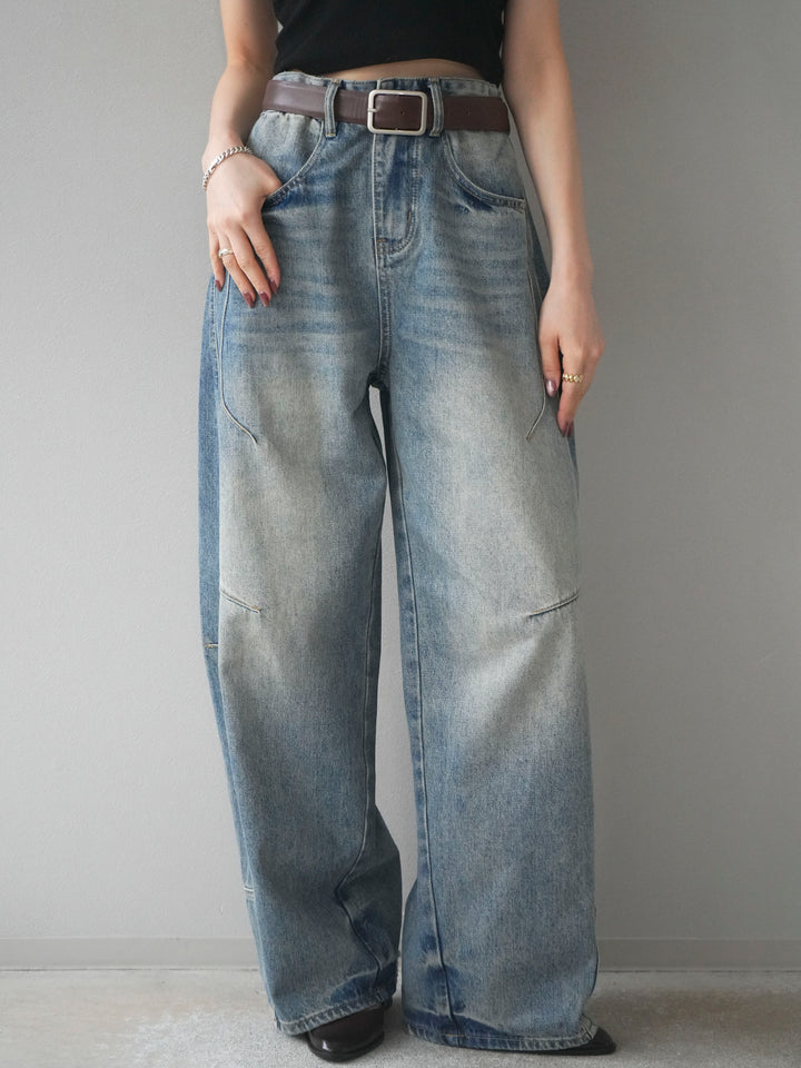 [予約]ベルト付カーブデニムパンツ/lightblue
