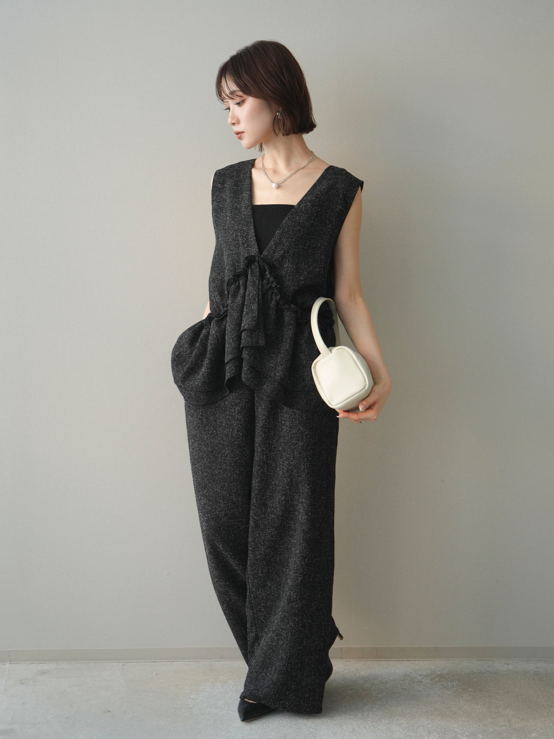 [SET]3WAYミックスツイードギャザーオールインワン+選べるアクセセット(2set)