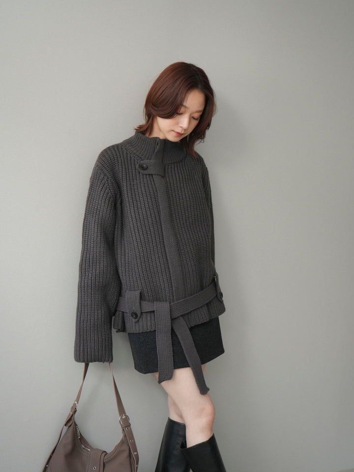 [予約]畦編みボトルネックZIPニットカーディガン/ gray