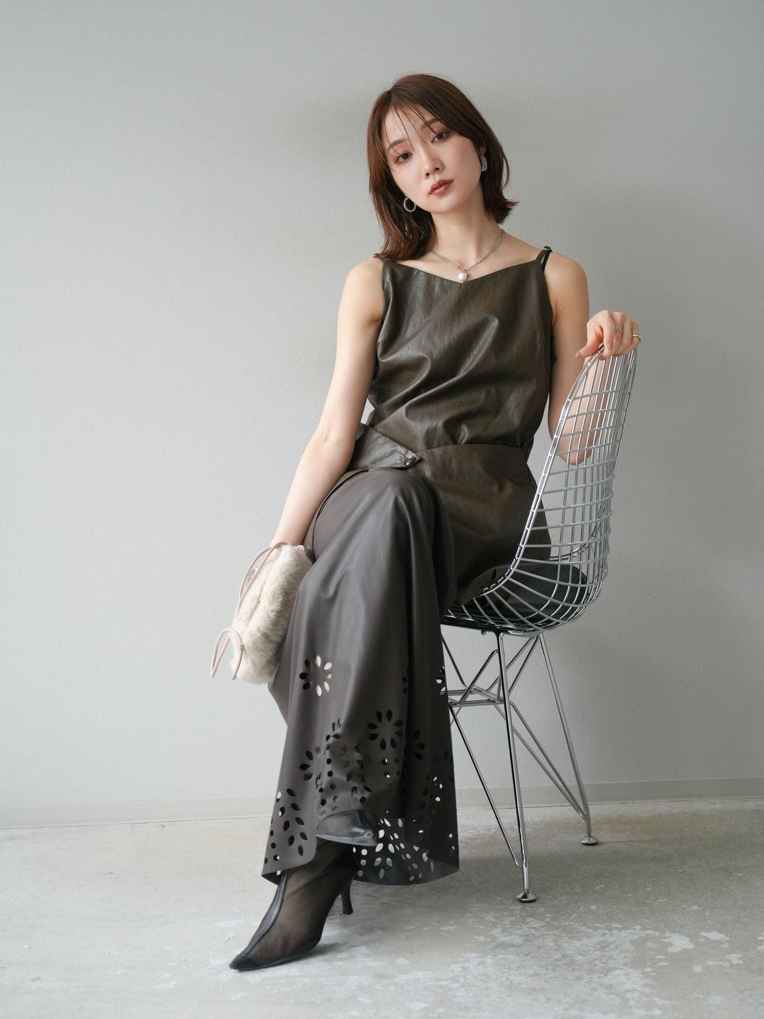 [予約]レイヤードレザーキャミソールチュニック/ブラウン