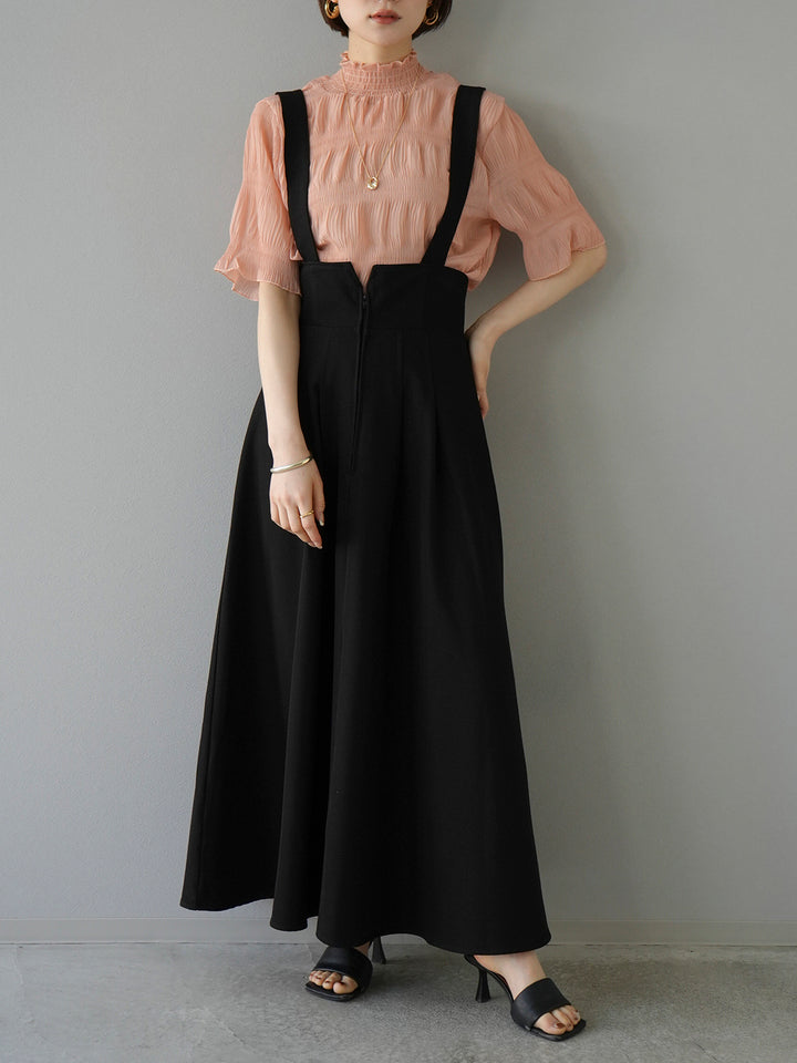 [SET] Shirring chiffon half sleeve blouse + 2WAY flare jumper skirt (2set)