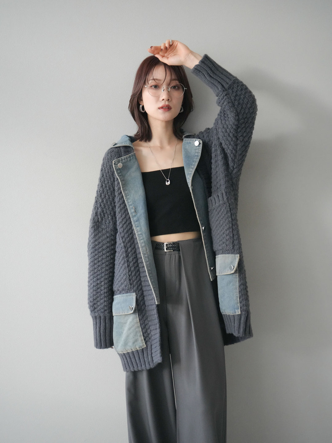 [SET]デニム襟レイヤードニットジャケット+ベルトループデザインワイドパンツ(2set)