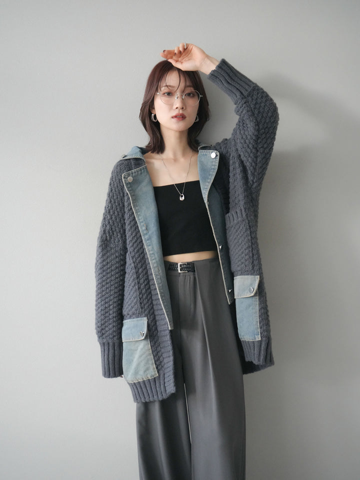 [SET]デニム襟レイヤードニットジャケット+ベルトループデザインワイドパンツ(2set)