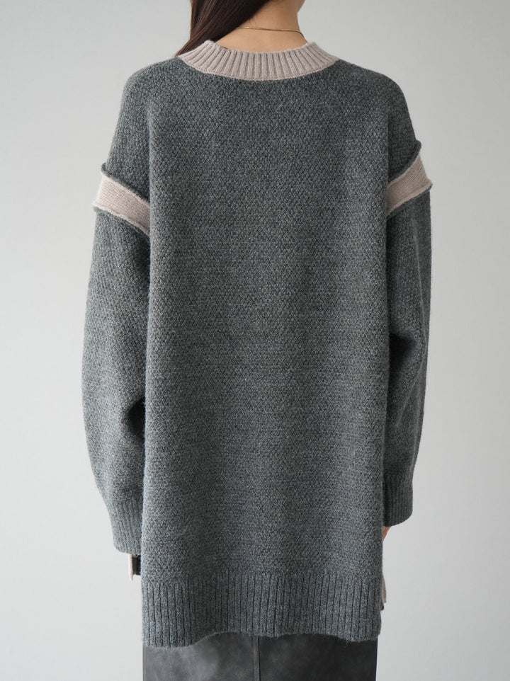 【預訂】側開衩拼色針織套頭衫/炭灰