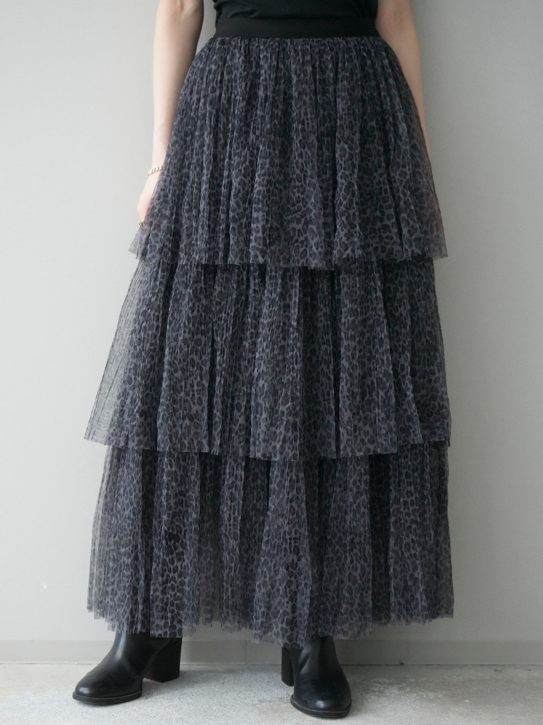 [予約]レオパード柄チュールフリルスカート/gray