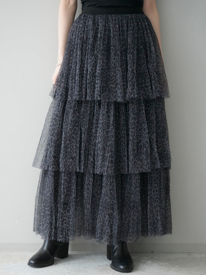 [予約]レオパード柄チュールフリルスカート/gray