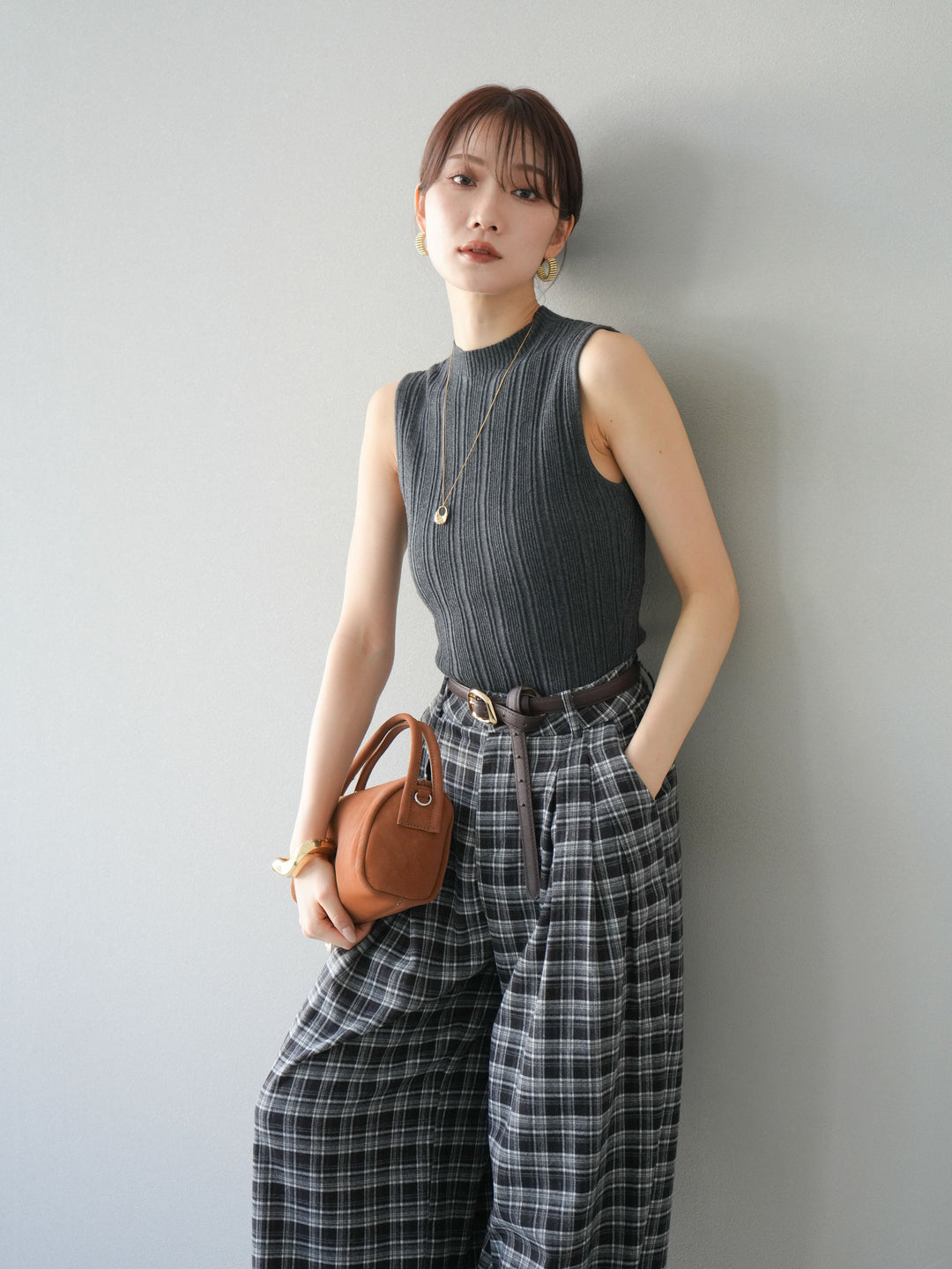 [予約]スリーブレスランダムリブニットトップス/グレー