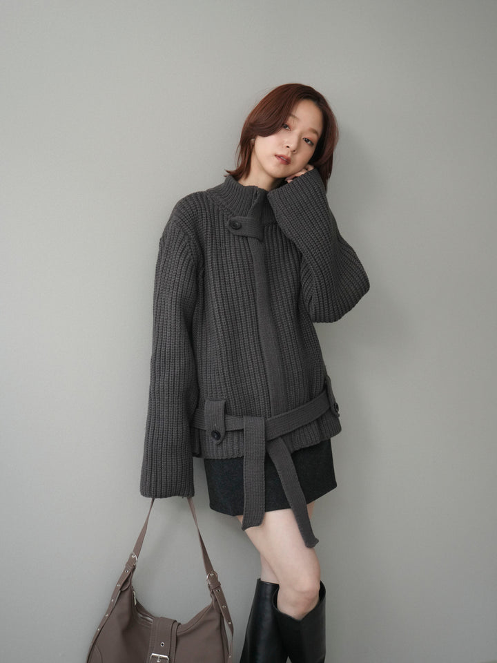 [予約]畦編みボトルネックZIPニットカーディガン/ gray