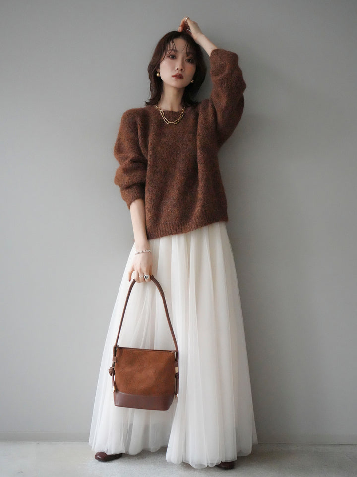 [SET]ロゴラベルミックスヤーンニットプルオーバー+チュールボリュームスカート(2set)