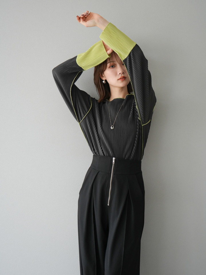 [予約]バイカラープリーツトップス/チャコール