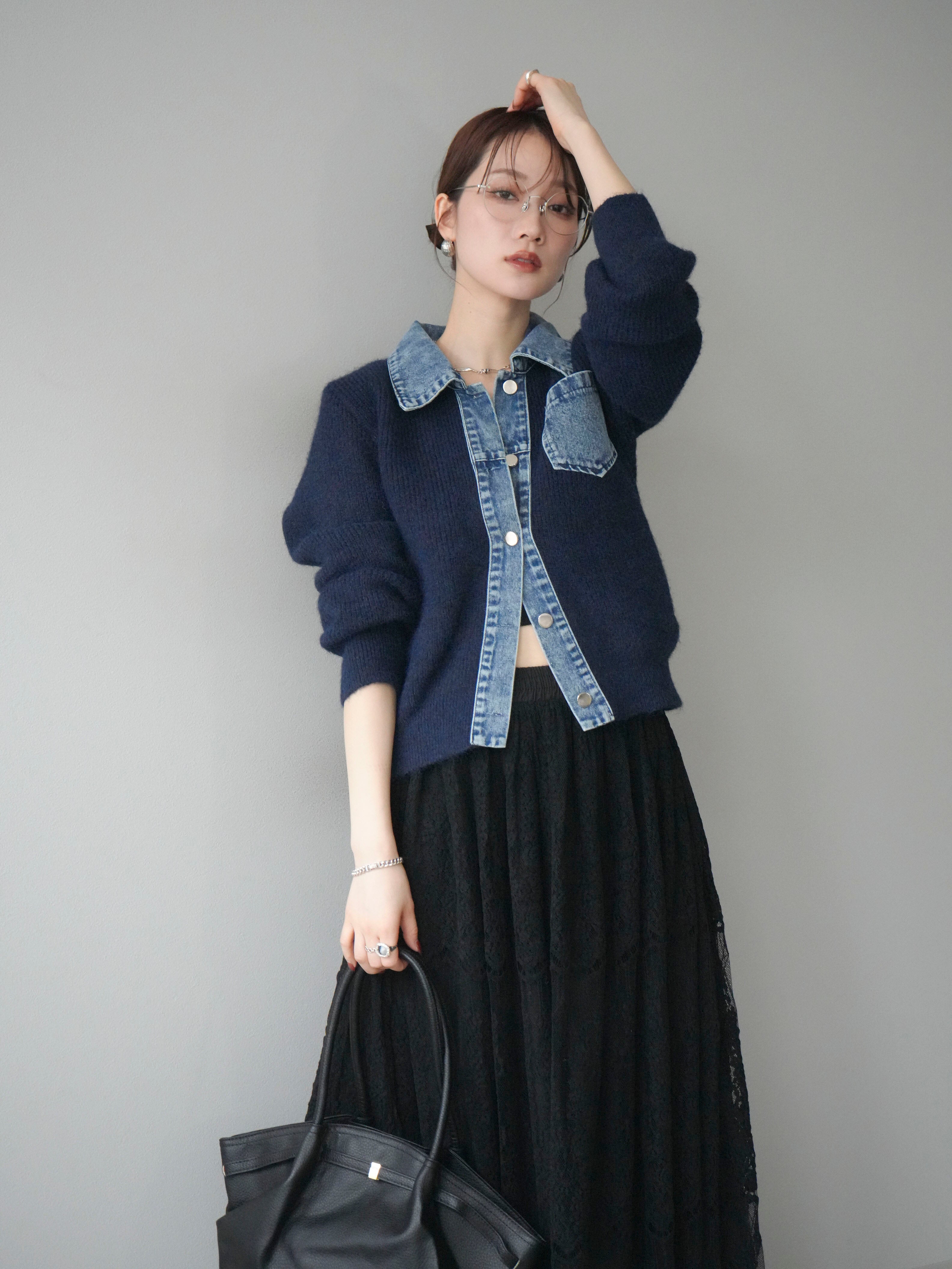 予約]デニム襟ポケットニットカーディガン/navy – Lumier