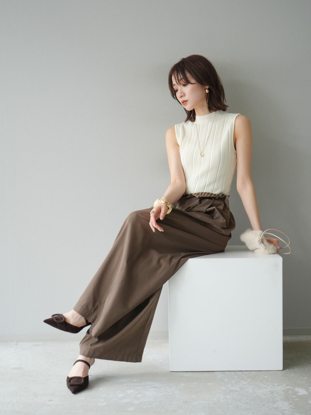 [予約]スリーブレスランダムリブニットトップス/アイボリー