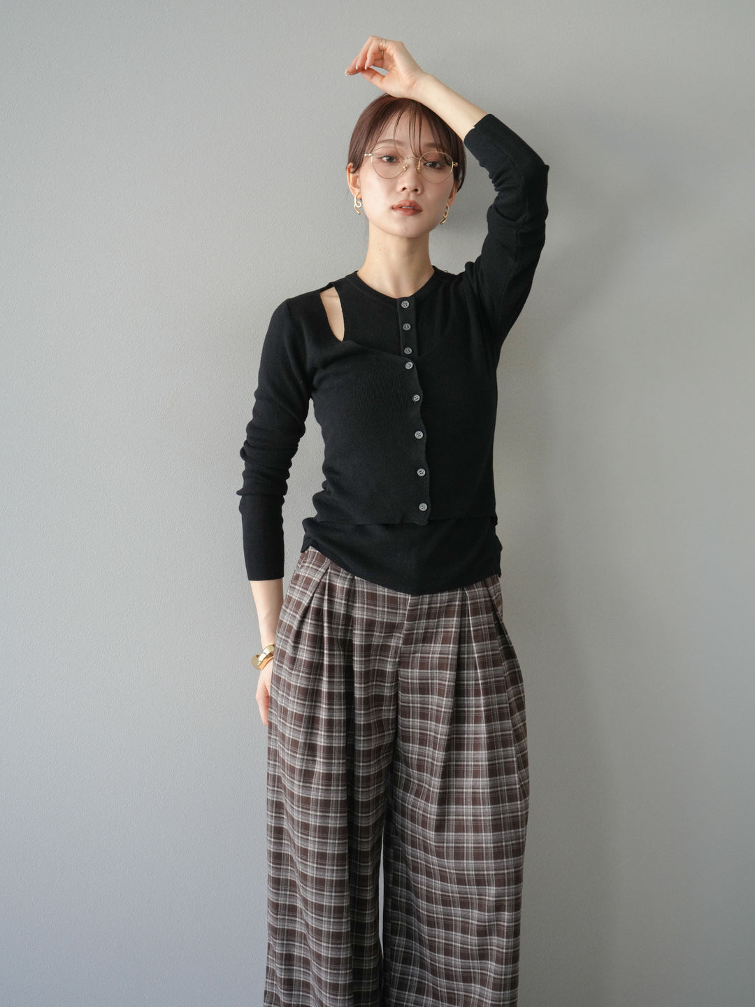 [予約]レイヤードデザインニットカーディガン/ブラック