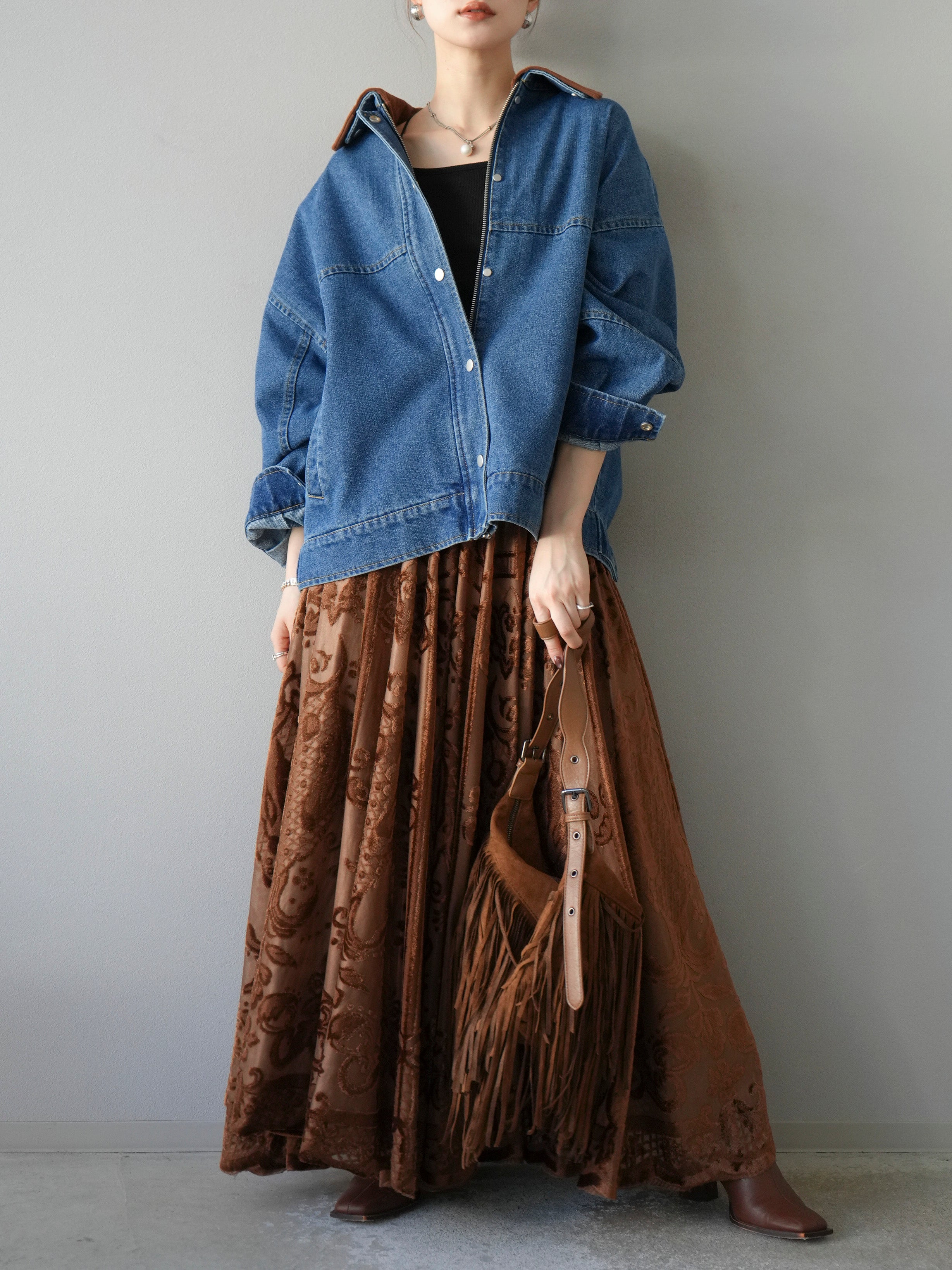 予約]スウェード襟切替デニムブルゾン/ブルー – Lumier