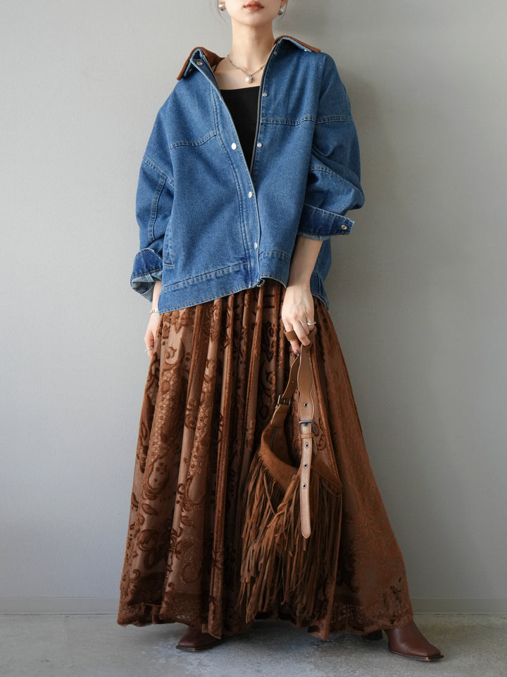 [予約]スウェード襟切替デニムブルゾン/ブルー