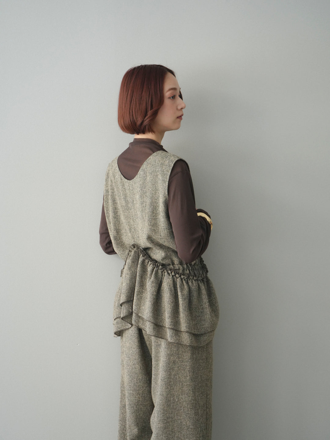 [SET]3WAYミックスツイードギャザーオールインワン+シアープチネックストレッチトップス(2set)