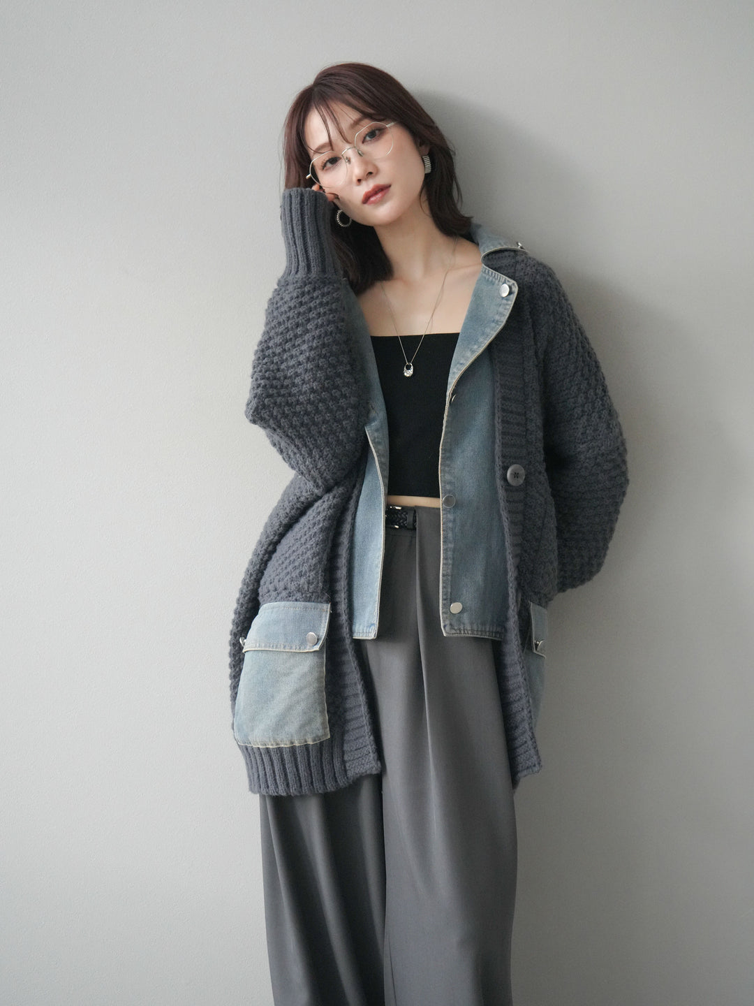 [SET]デニム襟レイヤードニットジャケット+デニム襟レイヤードニットジャケット(2set)