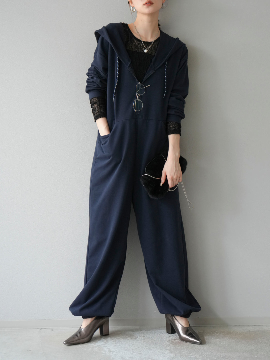 [予約]ミニ裏毛フーディージャンプスーツ/ダークネイビー
