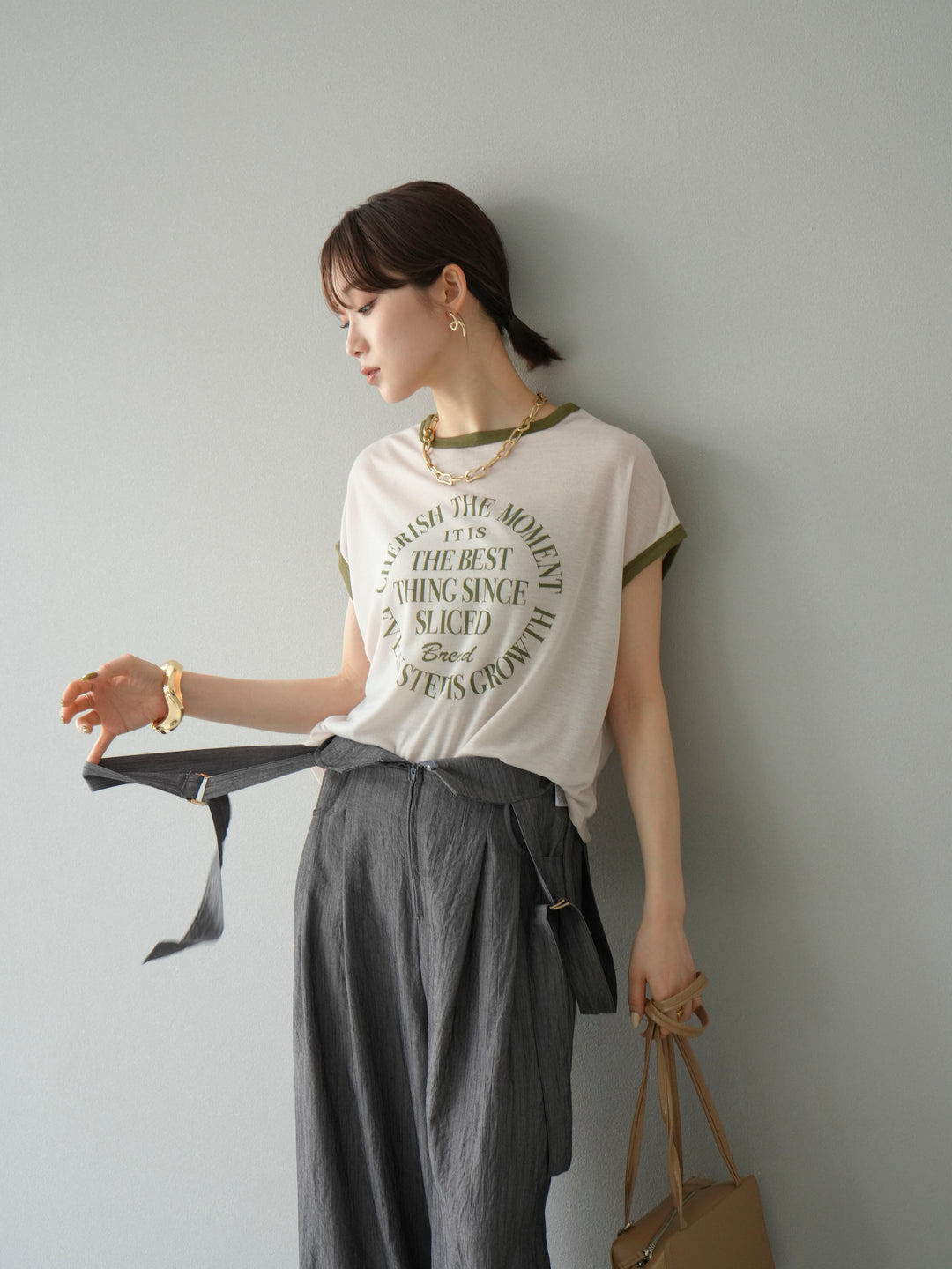 [SET]ストリングデザインハイウエストサロペット+シアーフライス ロゴプリントT (2set)